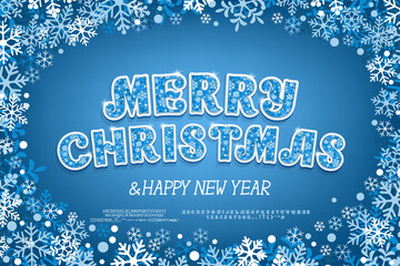 Christmas card Merry Christmas with blue-white snowflakes frame and ornate font on navy blue background. Two vector fonts sets are included