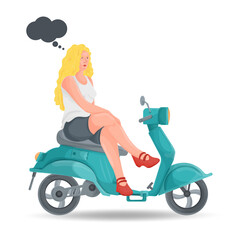 Fototapeta na wymiar A flat design illustration of a girl in a white Tshirt and red shoes sitting on a blue moped on a white isolated background