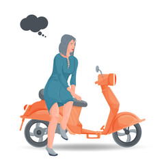 Fototapeta na wymiar A flat design illustration of a girl in a blue dress sitting on an orange moped on a white isolated background