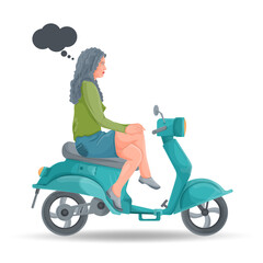Fototapeta na wymiar Illustration in the style of flat design A girl in a green shirt sits on a blue moped with her legs crossed the background is isolated