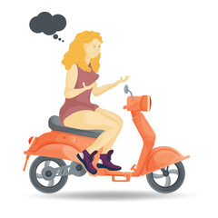 Plakat Illustration in the style of flat design A girl with a brown dress in a questioning pose sits on an orange moped on a white isolated background