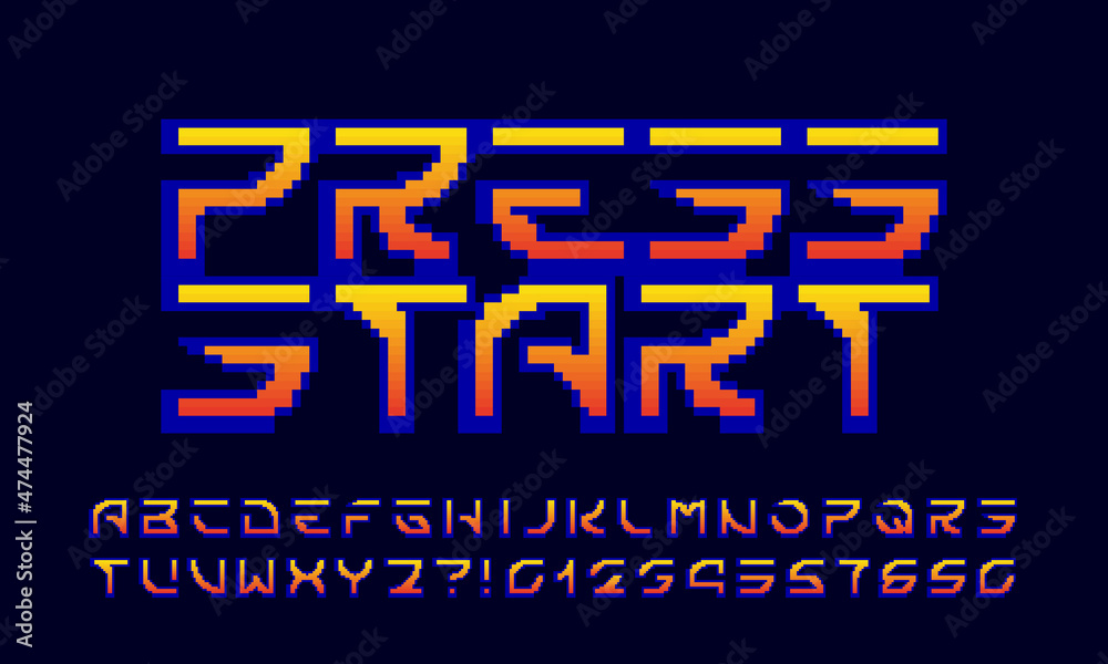 Poster press start alphabet font. pixel letters, numbers and punctuations. 80s arcade video game typescript