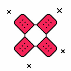 Filled outline Crossed bandage plaster icon isolated on white background. Medical plaster, adhesive bandage, flexible fabric bandage. Vector