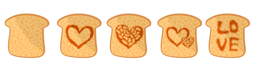 Set of slices toasted bread in different form.  Bakery product in cartoon style.  Vector illustration isolated on a white background. 