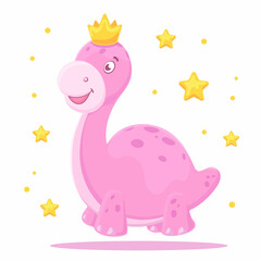 Cute pink dinosaur girl. Sweet baby dino with crown. Child illustration funny princess.