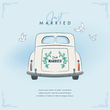 Hand drawn wedding car. Colorful wedding background for invitations, greeting cards, flyers and covers. Vector illustration