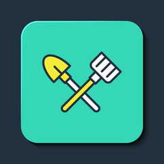 Filled outline Shovel and rake icon isolated on blue background. Tool for horticulture, agriculture, gardening, farming. Ground cultivator. Turquoise square button. Vector