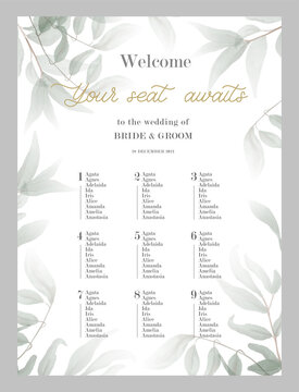 Wedding Seating Chart Poster Template.Your seat awaits - hand drawn modern calligraphy inscription for wedding sign with number. Seating plan for guests with table numbers.