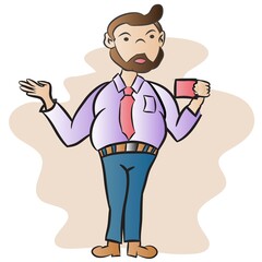 Businessman with a cup of Coffee. Cartoon character.  Vector Illustration