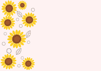 Sunflower and hand drawn leaves on pink background vector illustration.