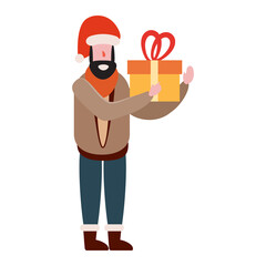 Man with with gift box, winter cold weather clothes, cap, warm coat, boots. Cartoon flat style
