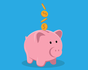 Piggy bank with coin vector illustration. Saving, investing and accumulation money. Pig in a flat style. - obrazy, fototapety, plakaty