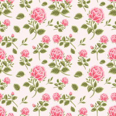 Vintage Shabby Chic Pink Rose Flower and Leaf Branch Seamless Pattern for autumn and spring textile, paper, prints, background, fabric, feminine beauty products, gift wrapping, and other purposes