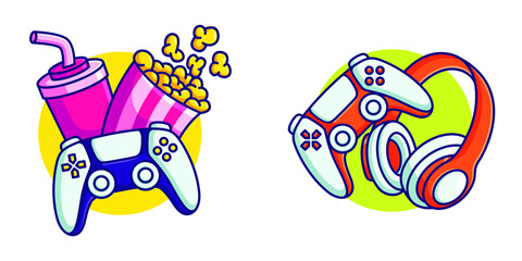 fun when playing games vector illustration. joystick with snack and headset cartoon flat design © gorillagum