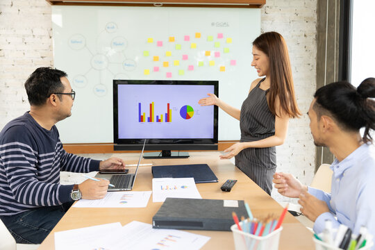 Businesspeople smiling coworking and showing growth graphic and taking a business.Asian business people group present and review financial marketing strategy business plan in meeting room together. - Powered by Adobe