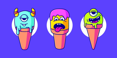 cute ice cream monster vector illustration. ice cream cone cartoon flat design