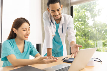 Team of asian doctors and businesswoman having a meeting in medical office.Closeup portrait, young depressed woman healthcare  in despair, isolated hospital.