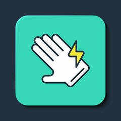 Filled outline Electric glove icon isolated on blue background. Safety gloves, hand protection. Turquoise square button. Vector