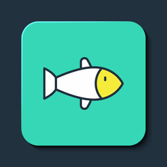 Filled outline Fish icon isolated on blue background. Turquoise square button. Vector