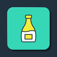 Filled outline Sauce bottle icon isolated on blue background. Ketchup, mustard and mayonnaise bottles with sauce for fast food. Turquoise square button. Vector