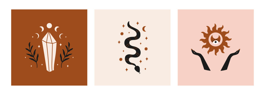 Set of posters with mystical elements in boho style. Trendy vector isoteric illustration for t-shirt prints,  posters, covers, wall decor, logo designs and tattoos