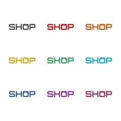 Shop word icon isolated on white background, color set