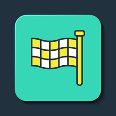 Filled outline Checkered flag icon isolated on blue background. Racing flag. Turquoise square button. Vector