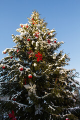 Christmas tree against blue sky. Close-up. Riga. Latvia.The Baltic States.