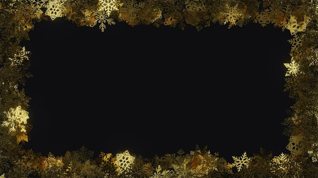 Gold frame from snowflakes in dark background. Animated christmas greeting card.