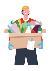The delivery man brought in a large box of groceries. Home order according to the list. Service concept and home delivery service. Flat vector illustration