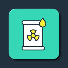 Filled outline Radioactive waste in barrel icon isolated on blue background. Toxic refuse keg. Radioactive garbage emissions, environmental pollution. Turquoise square button. Vector
