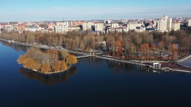 The Island of love in Ternopol city aerial view