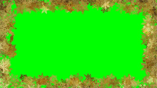 Gold frame from snowflakes in green screen background. Animated christmas greeting card.