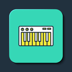 Filled outline Music synthesizer icon isolated on blue background. Electronic piano. Turquoise square button. Vector