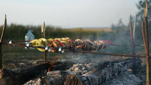 Close-up Vegan Vegetarian Kebab Vegetables on Skewer Roasting on Campfire. Cooking Vegetarian Food over Fire. Family Outing Rest Picnic Near Lake Countryside Nature Country Rural Summer. 2x Slow motio