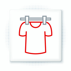 Line Drying clothes icon isolated on white background. Clean shirt. Wash clothes on a rope with clothespins. Clothing care and tidiness. Colorful outline concept. Vector