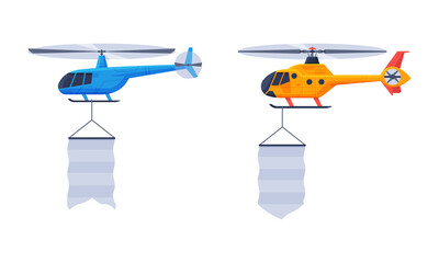 Flying Aircraft with Fluttering Blank Banner for Advertising in the Sky Vector Set