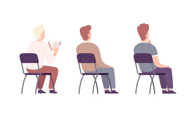 Young Male Student Sitting on Chair in Class Back View Vector Set