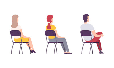 Young Male and Female Student Sitting on Chair in Class Back View Vector Set