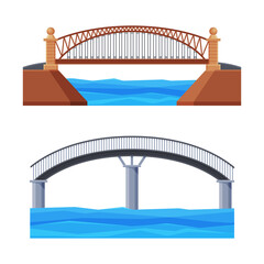 Bridge Structure Carrying Road Across River Vector Set