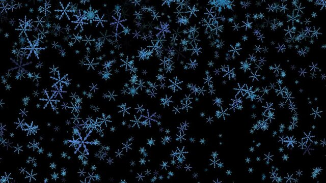Umherwirbelnde blaue Schneeflocken - 3D Animation vor schwarzem Hintergrund