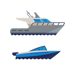 Motorboat or Speedboat as Watercraft or Swimming Water Vessel Vector Set