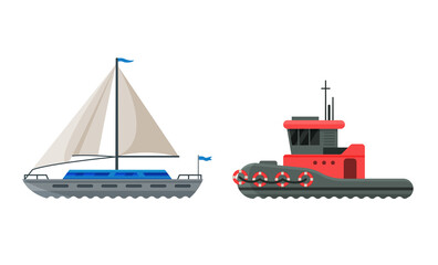 Obraz premium Sailing Yacht or Boat with Mast as Watercraft or Swimming Water Vessel Vector Set