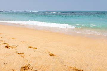 Beach by the ocean with yellow sand in the tropics.