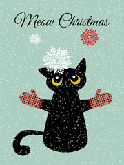 A black cat in checkered mittens looks with curiosity at the snowflakes falling on him. Winter card Happy New Year in flat design style. 