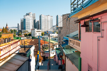 Fototapeta na wymiar Cheongchun Balsan Village colorful street in Gwangju, Korea