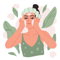 Skin care routine. Cute young woman  washing her face with cleansing product. Hand drawn vector flat cartoon style illustration