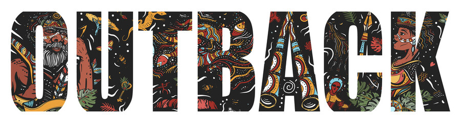 Outback slogan. Australia art. Double exposure lettering. Typography art. Tattoo style. Ethnic Australian woman in traditional costume. Aboriginal tribes bushmen. Boomerang, kangaroo, didgeridoo, map