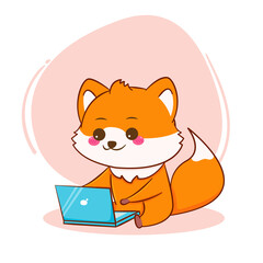 Cute fox working on laptop cartoon character isolated hand drawn style