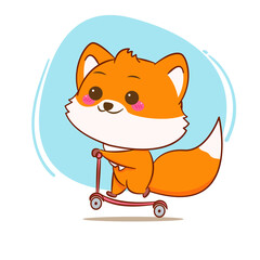 Cute fox riding scooter cartoon character isolated hand drawn style